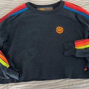 Aviator Nation rainbow striped smiley cropped sweatshirt